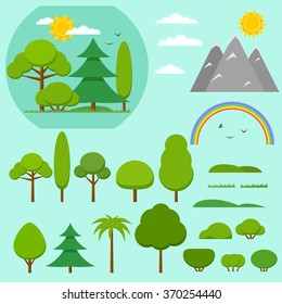 Vector elements for design nature landscape with trees, hills. sun, rainbow and bushes. Flat style illustration. Summer landscape