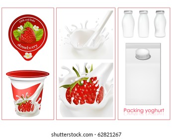 Vector. Elements for design of packing milk dairy. Milky splash. Ripe strawberry.