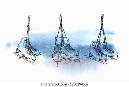 Vector elements of design. Pen style sketch. Skates on ice background.