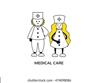 Vector elements for design. Print for medical care, hospital, nursing, clinic, ambulance station. Couple nurse and medical doctor in uniform