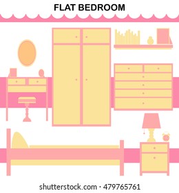 Vector elements for design. Set of bedroom furniture: bed, wardrobe, chair, closet, bedside-table, nightstand, shelf, rack, books, frame, mirror, vase, dresser, bureau, warm clock. Simple flat style