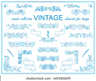 Vector elements for design. Set of ornate lines, borders and dividers. Lovely nature elements in blue watercolor style