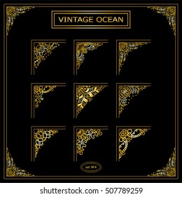 Vector elements for design. Square corners, frames, photo decor stickers. Seaweed, snail, shell, coral, ocean, sea, water - undersea elements. Premium gold color. New elements in each set