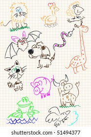 Vector elements design stylised under children's drawing pencil  A sketch animals