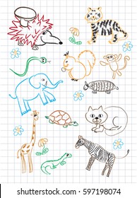 Vector elements of design stylised under children's drawing a pencil. A sketch of animals