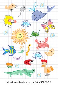 Vector elements of design stylised under children's drawing a pencil. A sketch of animals, birds, fish and insects