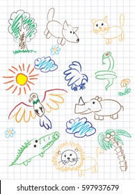 Vector elements of design stylised under children's drawing a pencil. A sketch of animals, birds and plants