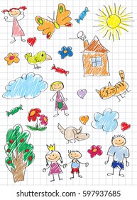 Vector elements of design stylised under children's drawing a pencil. Sketches on the theme of home, family and animals