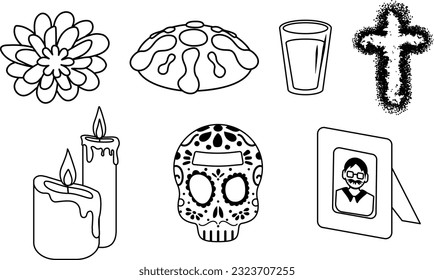 Vector. Elementos de dia de los muertos. Celebración religiosa y tradicional mexicana