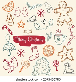 vector elements. Doodle Christmas. Christmas Snowmen, cookies, stars, Christmas toys, socks,  christmas tree, coffee