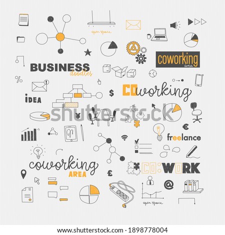 Vector elements of doodles concept of coworking, co-work and freelancing. Logo and icons. Hand drawing illustrations for web banner, design, booklets.
