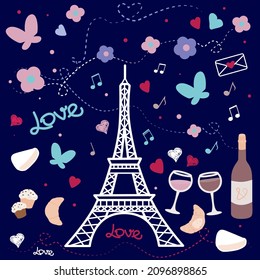 Vector Elements With Eiffel Tower And French Food. Romantic Night In Paris. Love Set With Wine, Cheese, Bread And Coffee.