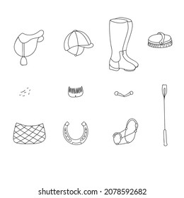 Vector elements for equestrian sport, horse racing, horseback riding. Drawn by hand in a doodle style.