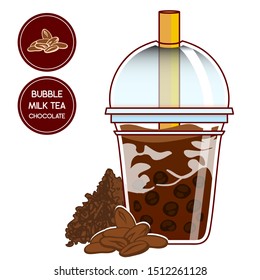 Vector elements for food and drinks design. Plastic cup with China boba tea, tapioca bubbles in milk tea. Chocolate, coffee. Realistic flat style. Also sticker and label for package with cocoa