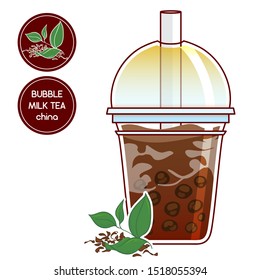 Vector elements for food and drinks design. Plastic cup with China boba tea, tapioca bubbles in milk tea. Fresh and dry tea leaves. Realistic flat style. Also sticker and label for package