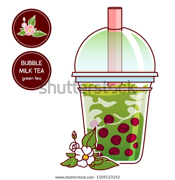 Vector elements for food and drinks design.\
Plastic cup with China boba tea, tapioca bubbles in milk tea. Green\
or white sort of tea. Realistic flat style. Also sticker, label for\
package with flowers