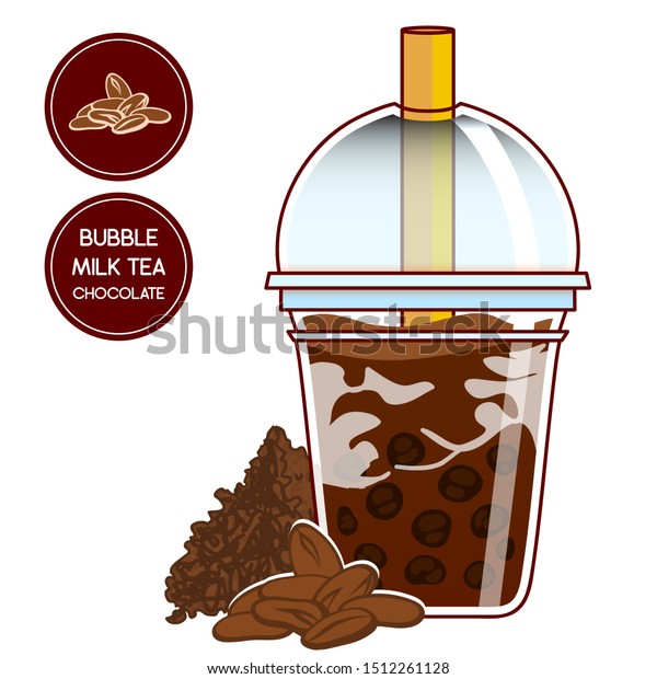 Vector elements for food and drinks design. Plastic\
cup with China boba tea, tapioca bubbles in milk tea. Chocolate,\
coffee. Realistic flat style. Also sticker and label for package\
with cocoa