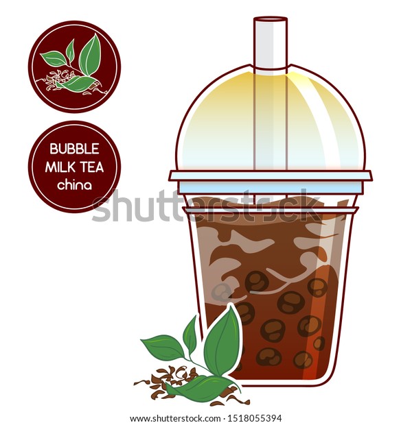 Vector elements for food and drinks design.\
Plastic cup with China boba tea, tapioca bubbles in milk tea. Fresh\
and dry tea leaves. Realistic flat style. Also sticker and label\
for package