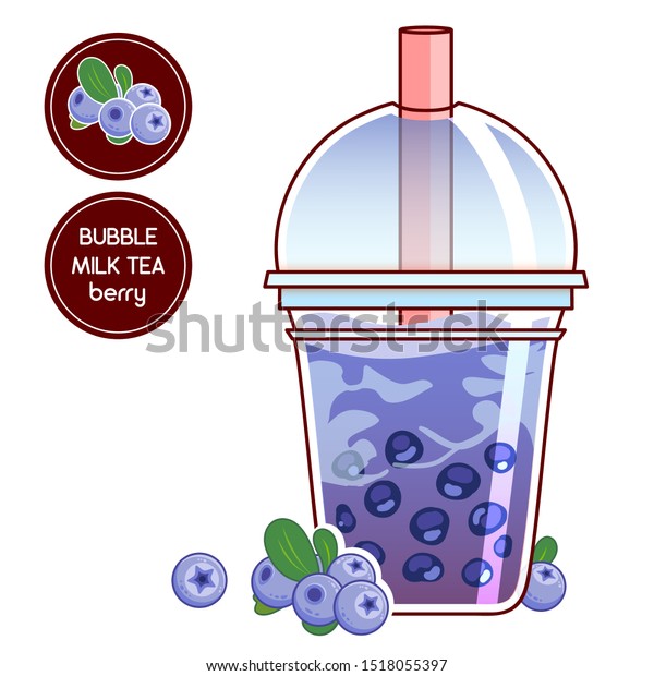 Vector elements for food and drinks design. Plastic\
cup with China boba tea, tapioca bubbles in milk tea with\
blueberry. Realistic flat style. Also sticker and label for package\
with berry