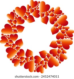 Vector elements in the form of hearts are arranged along the path of a circle.