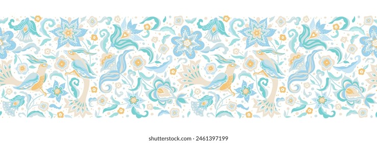Vector elements, frame, seamless border, pattern, frieze for design template. Floral pastel ornament in Oriental style. Birds and flower illustration. Hand draw ornamental decor, ornaments background.