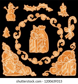 Vector elements for frames, borders, corners, squares, dividers in gingerbreads, cookies or biscuits with white icing style. Holiday sign, symbols. Perfect for black background set 1 from 9