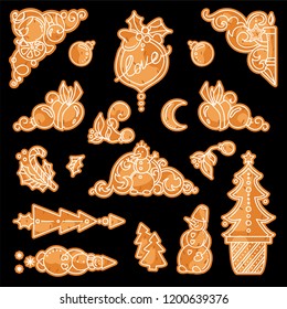 Vector elements for frames, borders, corners, squares, dividers in gingerbreads, cookies or biscuits with white icing style. Holiday sign, symbols. Perfect for black background set 6 from 9