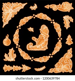 Vector elements for frames, borders, corners, squares, dividers in gingerbreads, cookies or biscuits with white icing style. Holiday sign, symbols. Perfect for black background set 4 from 9