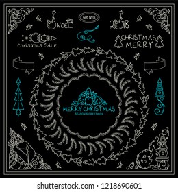 Vector elements for frames, borders, corners, squares, dividers. Holiday sign, symbols. Christmas tree, gnomes, snowmen waves elements. Black and white chalkboard, set 8 from 9