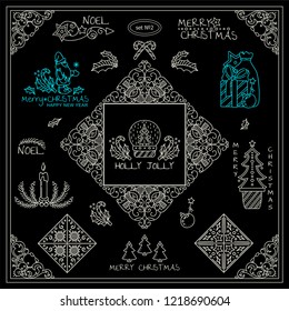 Vector elements for frames, borders, corners, squares, dividers. Holiday sign, symbols. Christmas tree, gnomes, snowmen waves elements. Black and white chalkboard, set 2 from 9