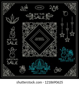 Vector elements for frames, borders, corners, squares, dividers. Holiday sign, symbols. Christmas tree, gnomes, snowmen waves elements. Black and white chalkboard, set 3 from 9