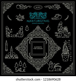 Vector elements for frames, borders, corners, squares, dividers. Holiday sign, symbols. Christmas tree, gnomes, snowmen waves elements. Black and white chalkboard, set 1 from 9