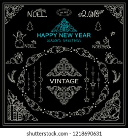 Vector elements for frames, borders, corners, squares, dividers. Holiday sign, symbols. Christmas tree, gnomes, snowmen waves elements. Black and white chalkboard, set 5 from 9