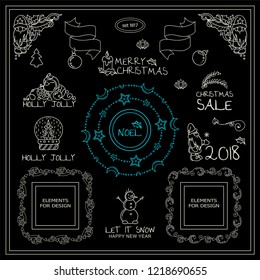 Vector elements for frames, borders, corners, squares, dividers. Holiday sign, symbols. Christmas tree, gnomes, snowmen waves elements. Black and white chalkboard, set 7 from 9