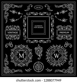 Vector elements for frames, borders, corners, squares, dividers. Vintage sign, symbols for design. Stars, waves, Space and celestial body elements. Black and white chalkboard, set 1 from 9