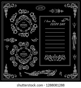 Vector elements for frames, borders, corners, squares, dividers. Vintage sign, symbols for design. Stars, waves, Space and celestial body elements. Black and white chalkboard, set 5 from 9