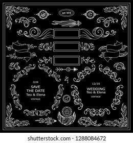 Vector elements for frames, borders, corners, squares, dividers. Vintage sign, symbols for design. Stars, waves, Space and celestial body elements. Black and white chalkboard, set 8 from 9
