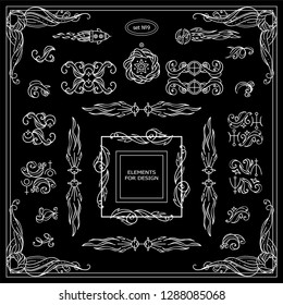 Vector elements for frames, borders, corners, squares, dividers. Vintage sign, symbols for design. Stars, waves, Space and celestial body elements. Black and white chalkboard, set 9 from 9