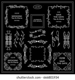 Vector elements for frames, borders, corners, squares, dividers. Vintage sign, symbols for design. Wild flowers, grass, herbs, weeds, branches, leaves, reed. Black and white chalkboard, set 4 from 6
