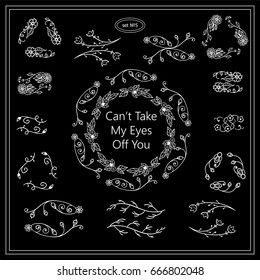 Vector elements for frames, borders, corners, squares, dividers. Vintage sign, symbols for design. Wild flowers, grass, herbs, weeds, branches, leaves, reed. Black and white chalkboard, set 5 from 6