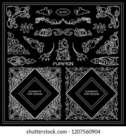 Vector elements for frames, borders, dividers, web and 31 October party design. Halloween monsters, pumpkins black and white arts. Ornate vintage signs, symbols, corners. Chalkboard style set 3/9
