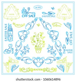 Vector elements for frames, borders, squares, dividers. Eastern, spring arts in blue and green watercolor design. Vintage signs, symbols, corners, arrows. Set 8 from 9 