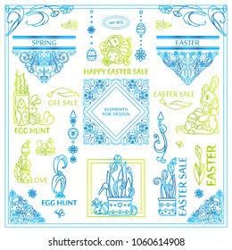 Vector elements for frames, borders, squares, dividers. Eastern, spring arts in blue and green watercolor design. Vintage signs, symbols, corners, arrows. Set 5 from 9 