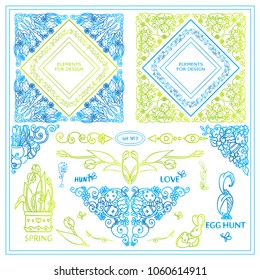 Vector elements for frames, borders, squares, dividers. Eastern, spring arts in blue and green watercolor design. Vintage signs, symbols, corners, arrows. Set 3 from 9 