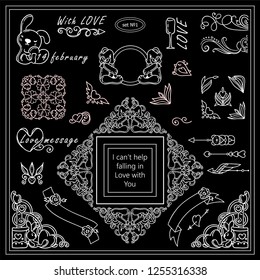 Vector elements for frames, borders, squares, dividers. 14 february, Valentine’s day black and white arts. Vintage signs, symbols, corners, arrows, flags templates for design. Chalkboard sets 