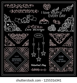 Vector elements for frames, borders, squares, dividers. 14 february, Valentine’s day black and white arts. Vintage signs, symbols, corners, arrows, flags templates for design. Chalkboard sets 