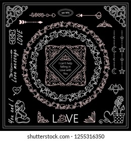 Vector elements for frames, borders, squares, dividers. 14 february, Valentine’s day black and white arts. Vintage signs, symbols, corners, arrows, flags templates for design. Chalkboard sets 