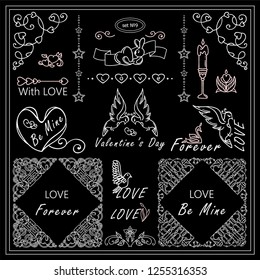 Vector elements for frames, borders, squares, dividers. 14 february, Valentine’s day black and white arts. Vintage signs, symbols, corners, arrows, flags templates for design. Chalkboard sets 