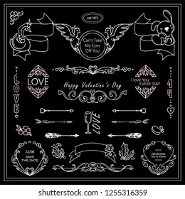 Vector elements for frames, borders, squares, dividers. 14 february, Valentine’s day black and white arts. Vintage signs, symbols, corners, arrows, flags templates for design. Chalkboard sets 