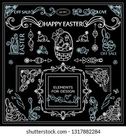 Vector elements for frames, borders, squares, dividers. Eastern, spring black and white arts. Vintage signs, symbols, corners, arrows templates for design. Chalkboard set 1 from 9